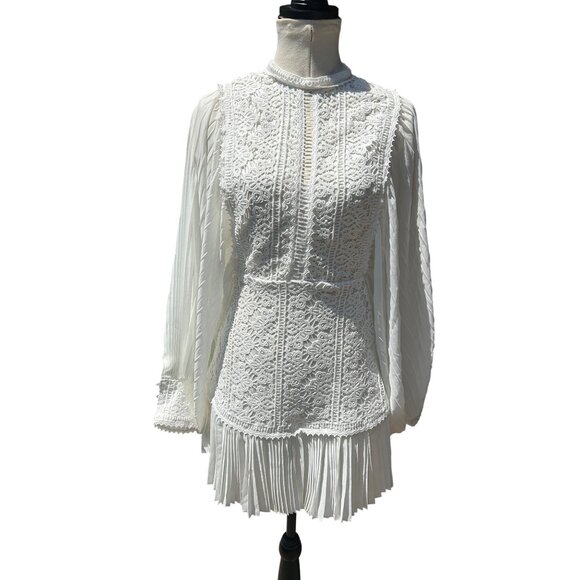 White Chiffon Crochet Mini Dress Sz M Exaggerated Balloon Sleeve Pleated Whimsy - Picture 2 of 13